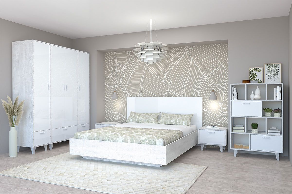 Кровать Эго арт. 031-М1 (1400*2000) Бетон светлый/Белый глянец | фото 2