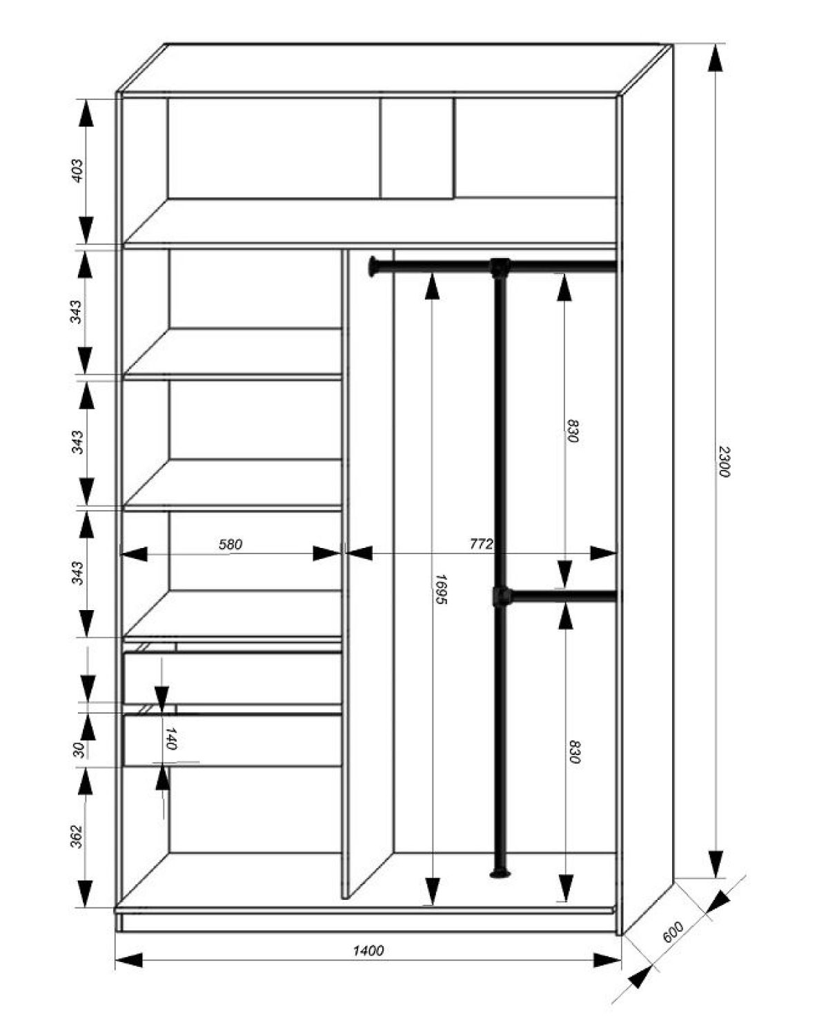 Шкаф-купе 1400 серии SOFT D8+D2+B2+PL4 (2 ящика+F обр.штанга) профиль «Капучино» | фото 3