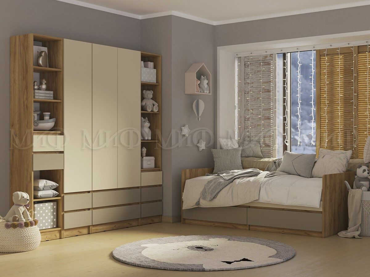 ЧЕЛСИ Color Кровать с ящиками 800 с настилом ЛДСП (Слоновая кость/Глиняный серый/Дуб крафт) | фото 2